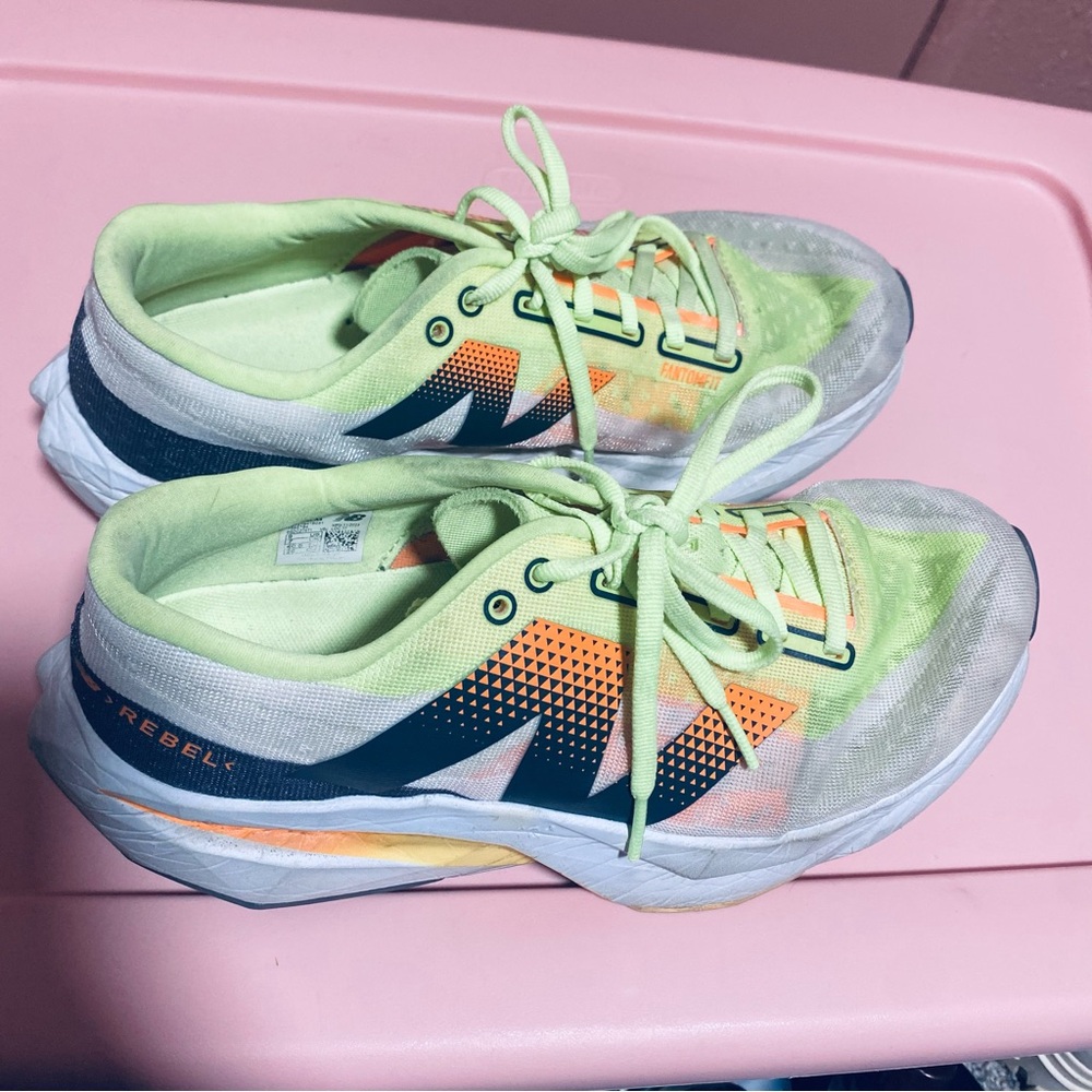 New Balance Womens Rebel Racing Neon Green and Orange Sneakers